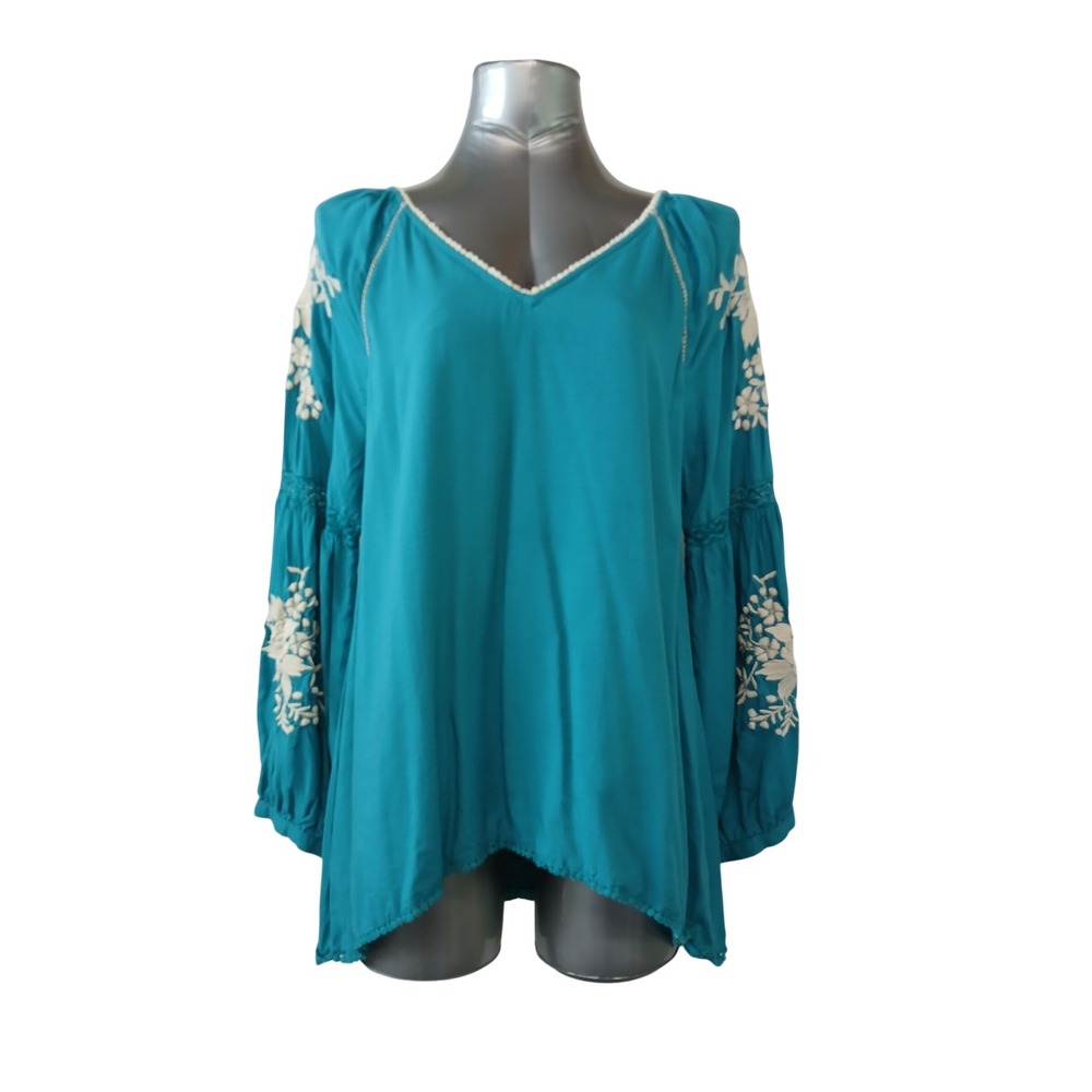 Sundance Teal Modal Floral Embroidered Boho Tunic Blouse XS Long Sleeve V-Neck‎